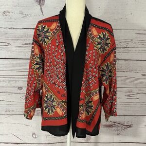 Love Tree Cardigan Womens Size L Red Black Floral Geometric Print Open KImono
